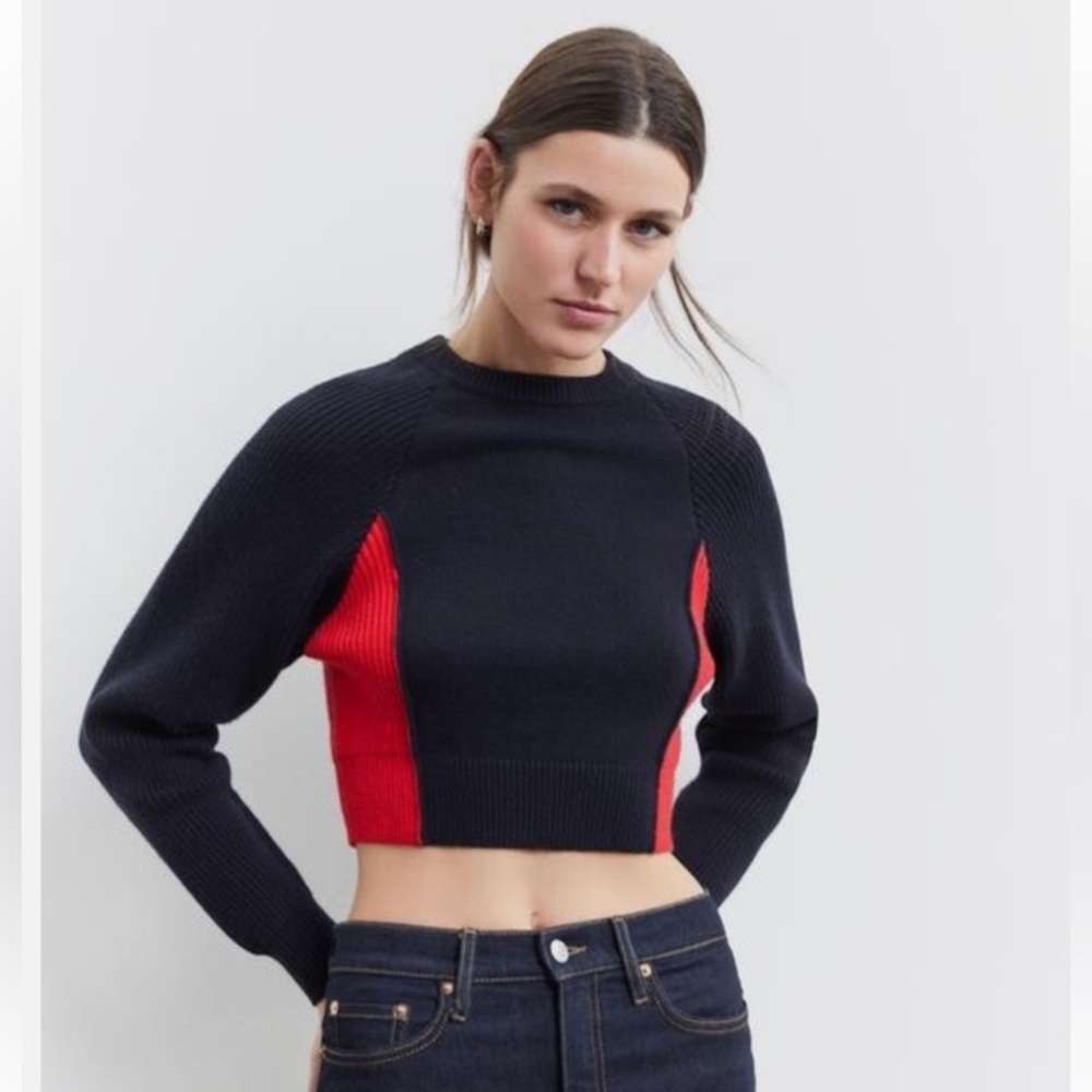 Zara Navy Blue Red ColourBlock Knit Women’s Cropped Sweater size small